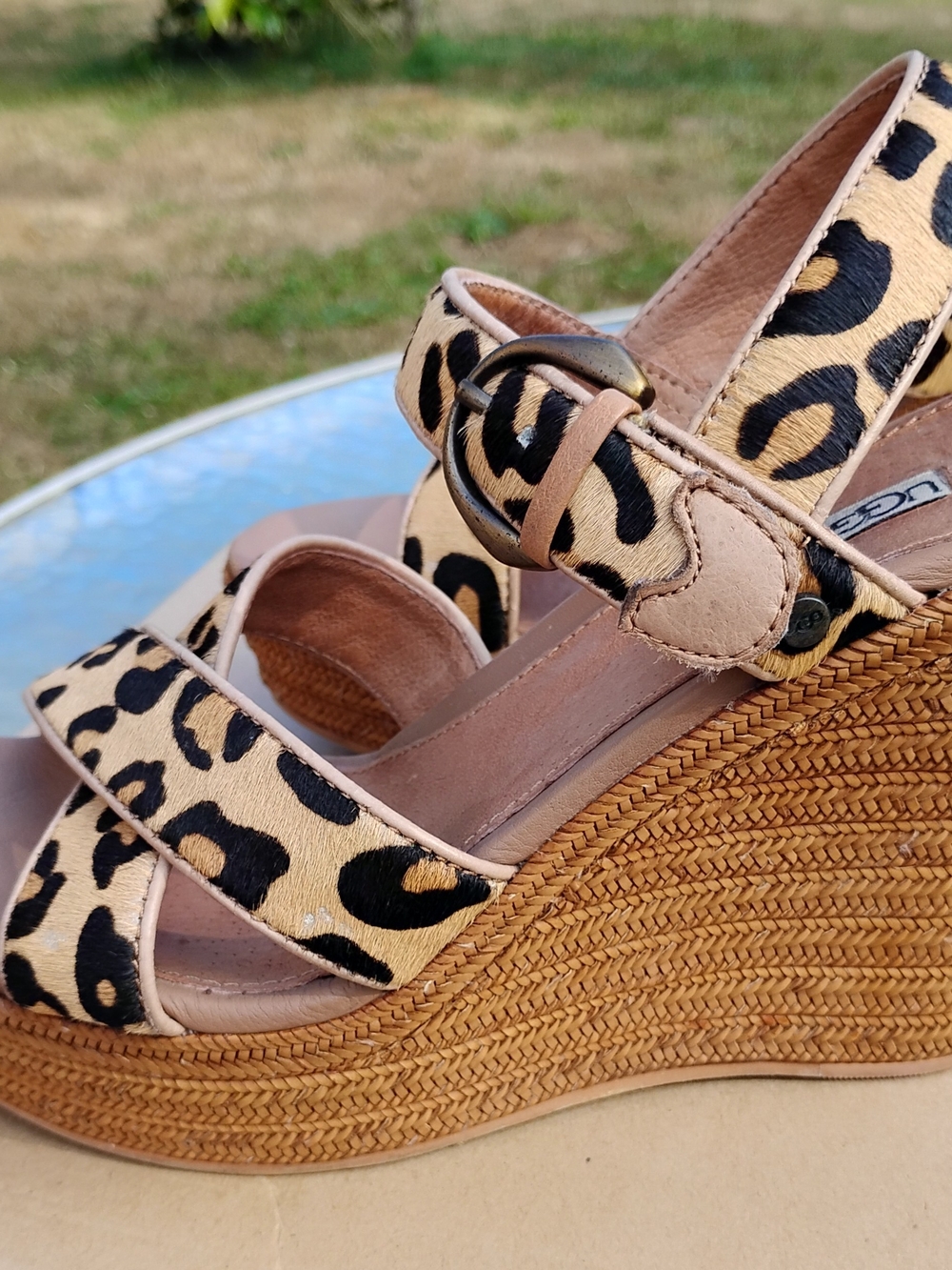 UGG Jasmine Leopard Print Espadrille Wedge Sandals in Tan and Black - Picture 3 of 8